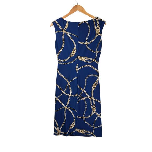 Lauren Ralph Lauren Navy Blue Gold Chain Print Sleeveless Jersey Stretch Dress - Picture 8 of 11